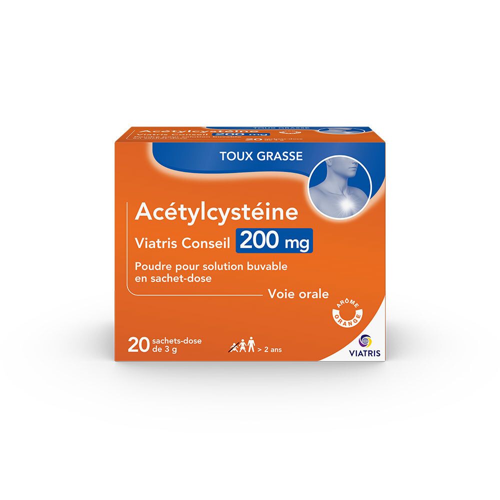 Boîte d'Acétylcystéine Viatris Conseil 200 mg, 20 sachets. Design orange avec nom et logo du produit.