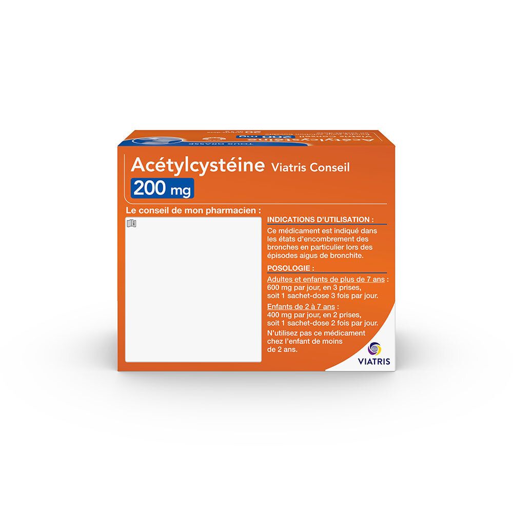 Boîte d'Acétylcystéine 200 mg. Arrière avec informations: posologie, indications et logo Viatris.