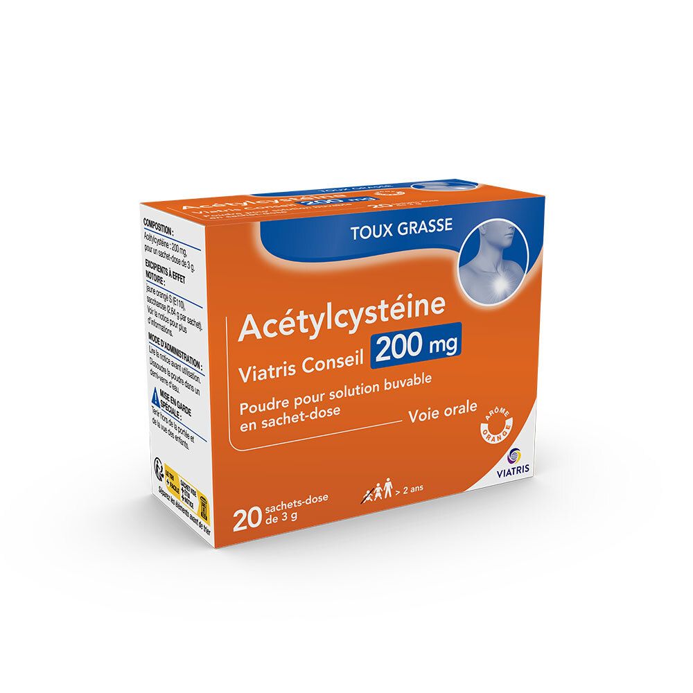 Boîte d'Acétylcystéine Viatris Conseil 200 mg, 20 sachets. Design orange avec nom et logo du produit.