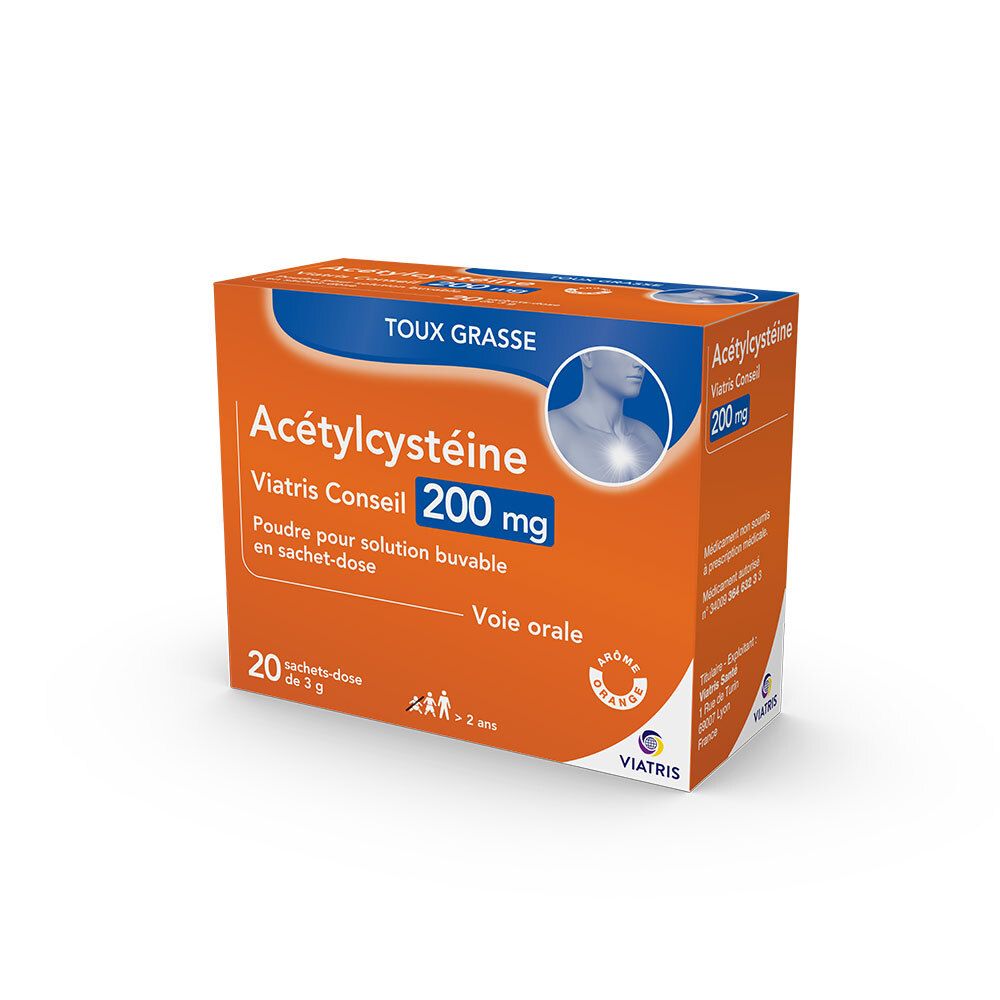 Boîte d'Acétylcystéine Viatris Conseil 200 mg, 20 sachets. Design orange avec nom et logo du produit.