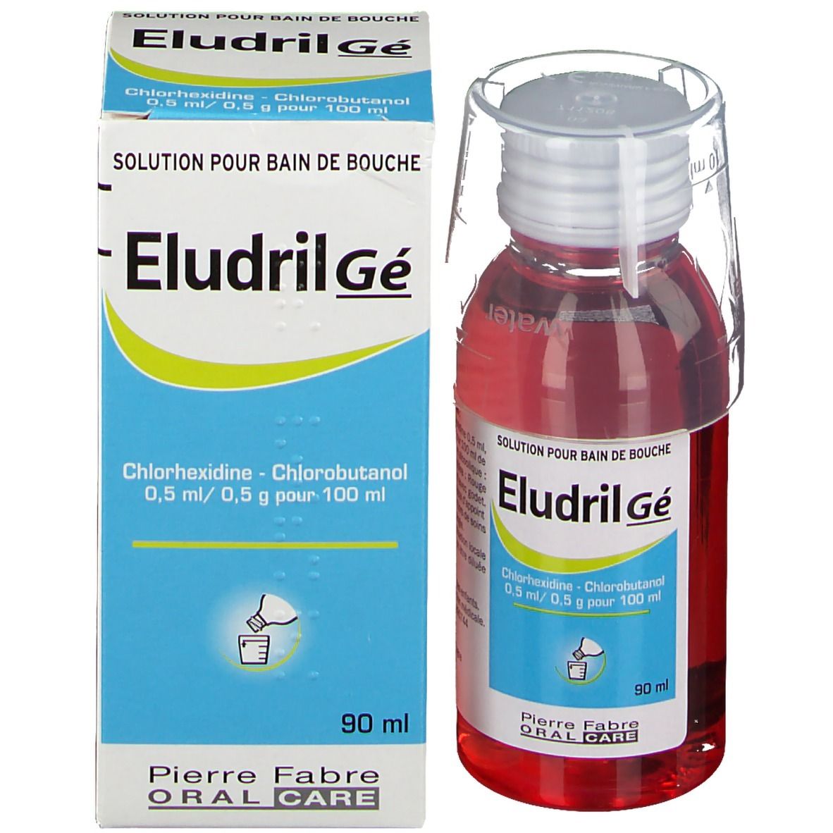 Emballage Eludril Gé avec flacon et gobelet. Liquide rouge dans le flacon.