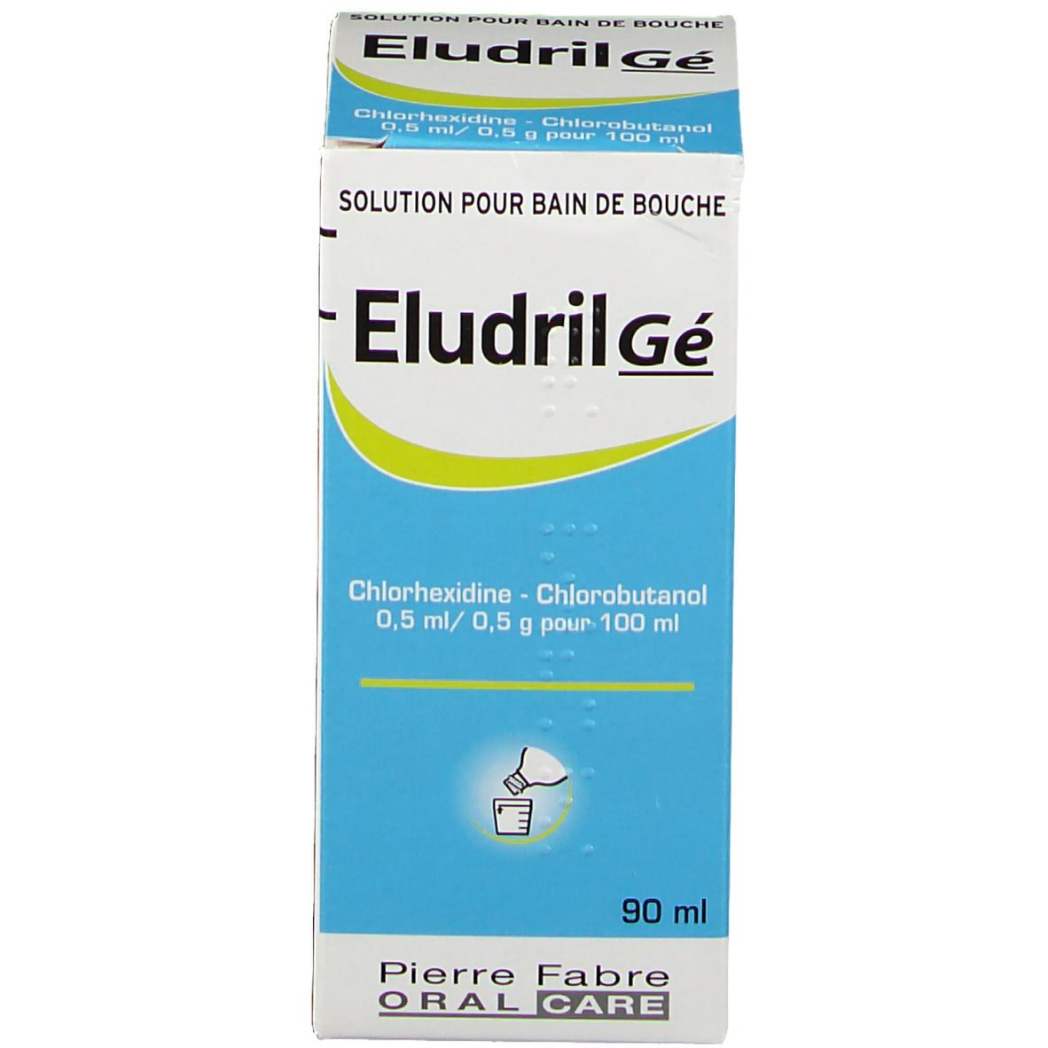 Boîte Eludril Gé. Bleu et blanc, avec nom et ingrédients.