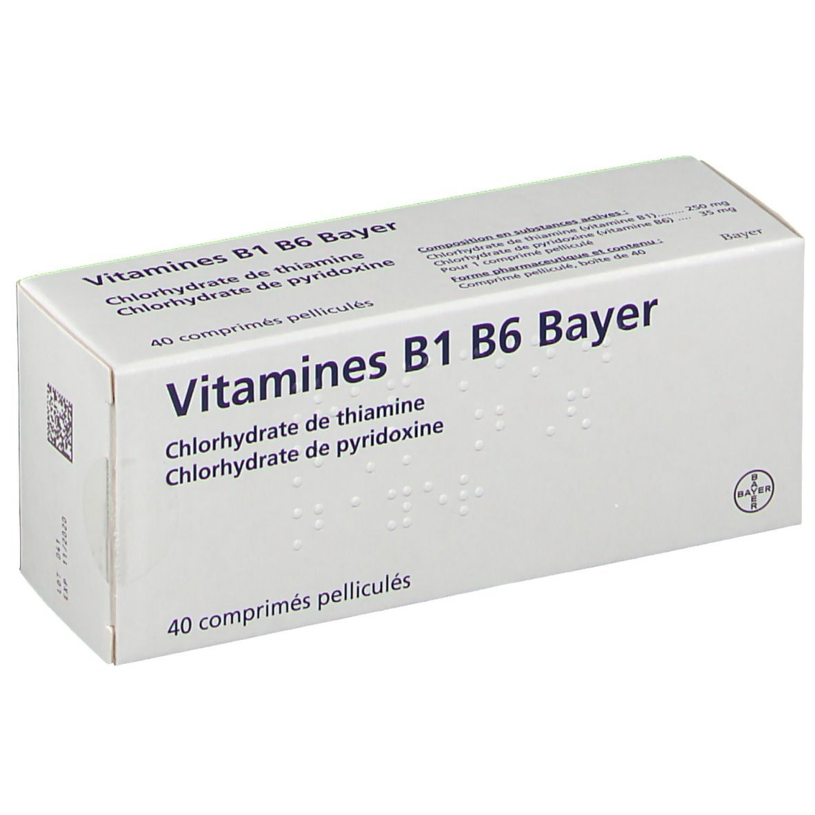 Boîte de Vitamines B1 B6 Bayer. Contient 40 comprimés. Inscription: Vitamines B1 B6 Bayer, Chlorhydrate de thiamine, Chlorhydrate de pyridoxine.