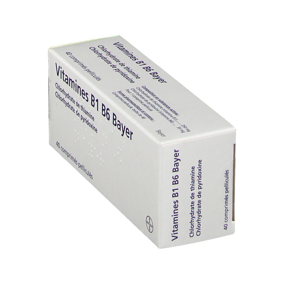 Boîte de Vitamines B1 B6 Bayer. Inscription: Vitamines B1 B6 Bayer, Chlorhydrate de thiamine, Chlorhydrate de pyridoxine. 40 comprimés.