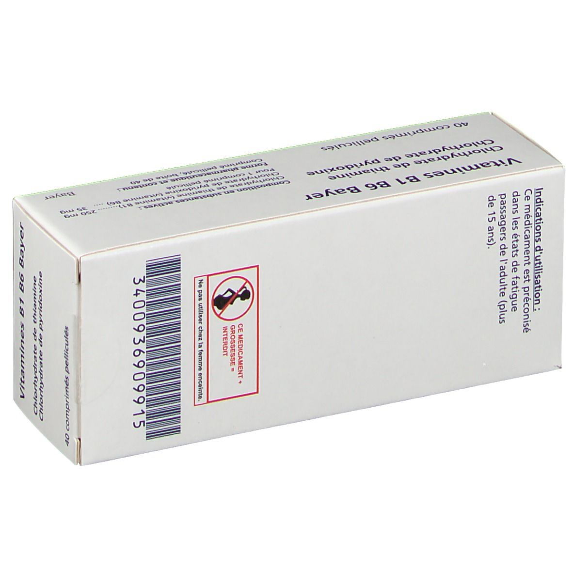 Dos de la boîte Vitamines B1 B6 Bayer. Code-barres et avertissement. Inscription: Vitamines B1 B6 Bayer, Chlorhydrate de thiamine, Chlorhydrate de pyridoxine.