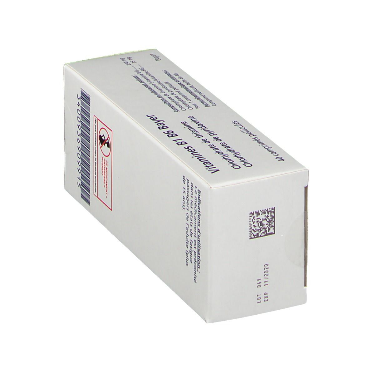 Boîte Vitamines B1 B6 Bayer. Inscription: Vitamines B1 B6 Bayer, Chlorhydrate de thiamine, Chlorhydrate de pyridoxine. Avec code-barres et QR code.