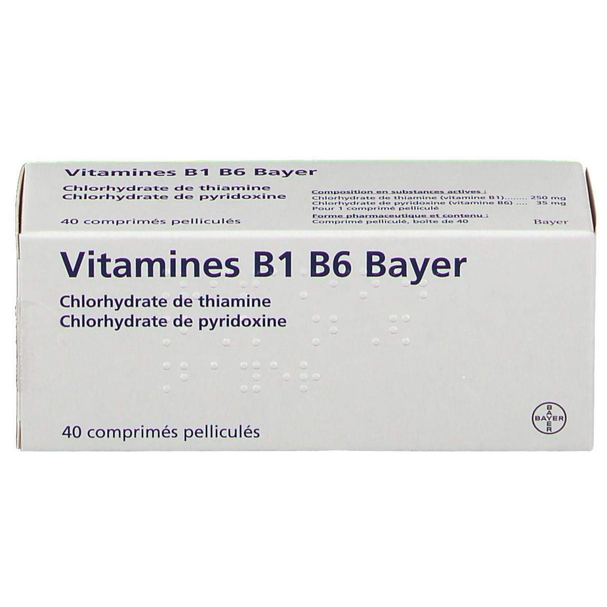 Boîte Vitamines B1 B6 Bayer. Inscription: Vitamines B1 B6 Bayer, Chlorhydrate de thiamine, Chlorhydrate de pyridoxine. 40 comprimés.