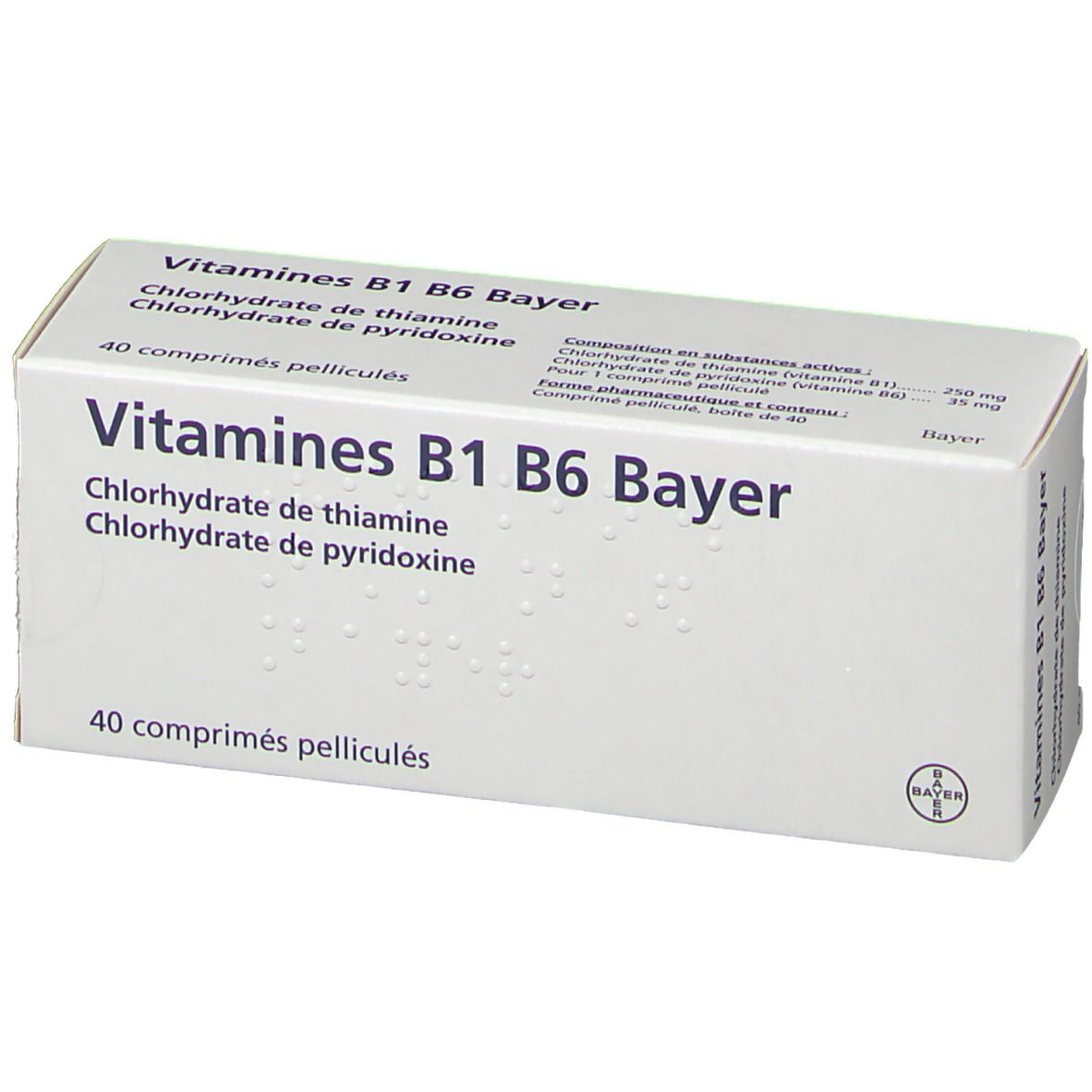Boîte Vitamines B1 B6 Bayer. Inscription: Vitamines B1 B6 Bayer, Chlorhydrate de thiamine, Chlorhydrate de pyridoxine. 40 comprimés.