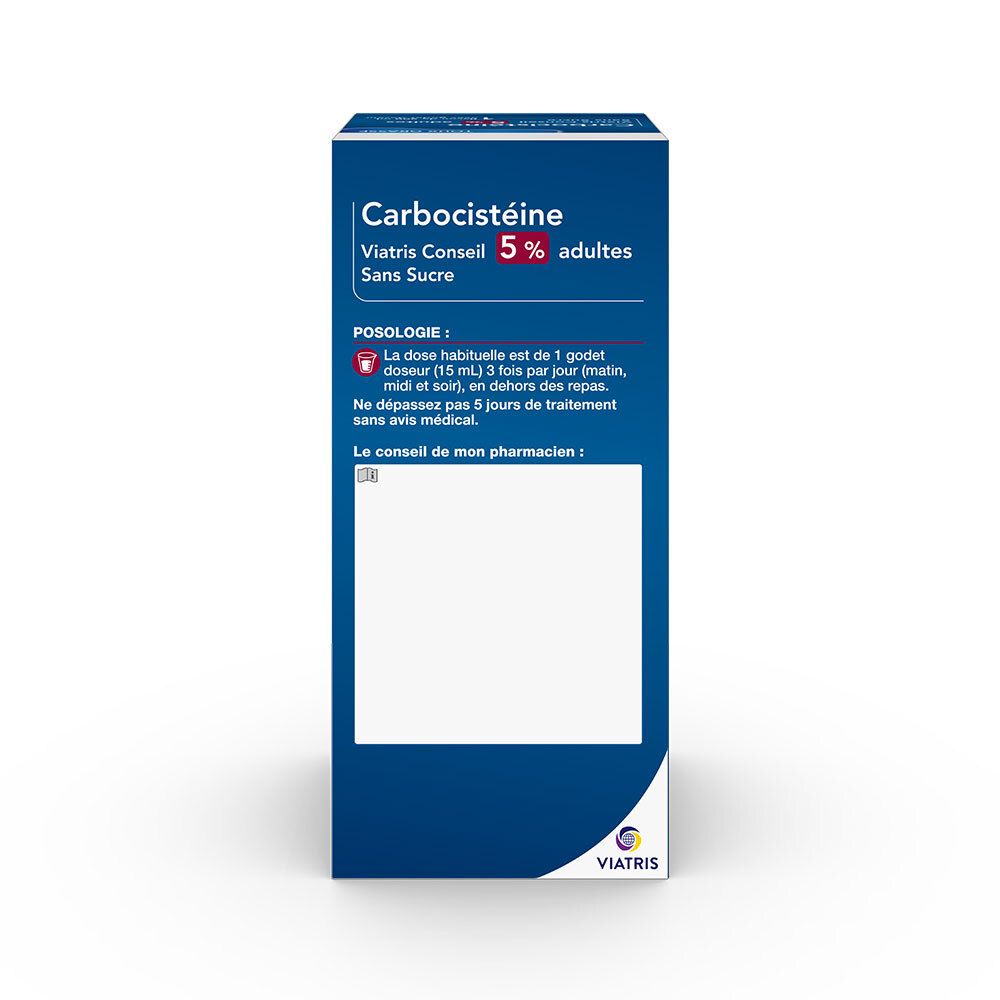 Dos de la boîte de Carbocistéine. Contient des informations sur la posologie et les conseils. Texte en français.