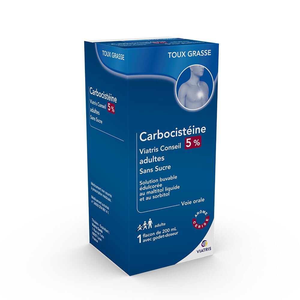 Boîte bleue et blanche Carbocistéine Viatris Conseil 5% adultes. Contient 200 ml. Avec godet-doseur. Texte en français.
