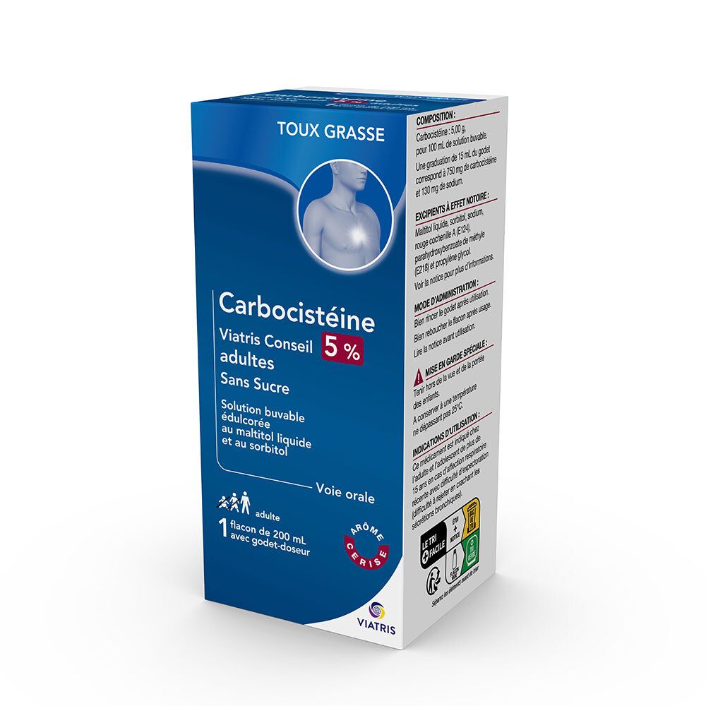 Boîte bleue et blanche Carbocistéine Viatris Conseil 5% adultes. Contient 200 ml. Avec godet-doseur. Texte en français.