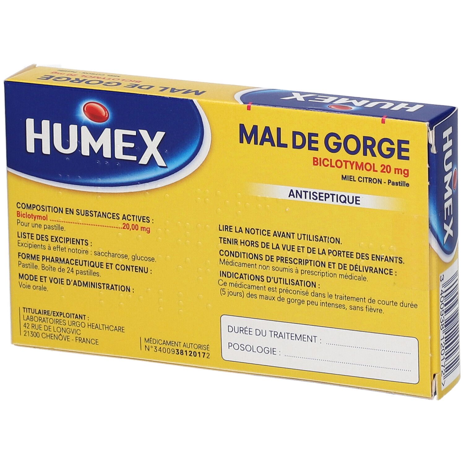 Humex Mal de Gorge Miel Citron 20 mg