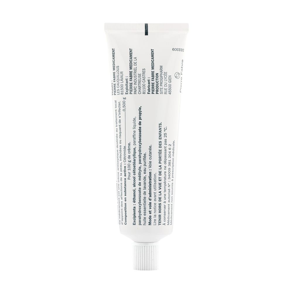 Tube blanc Cetavlon® crème avec bouchon à vis. Accents bleus. Inscription: Crème pour application cutanée, Cetavlon, Cétrimide, Tube de 80 g.