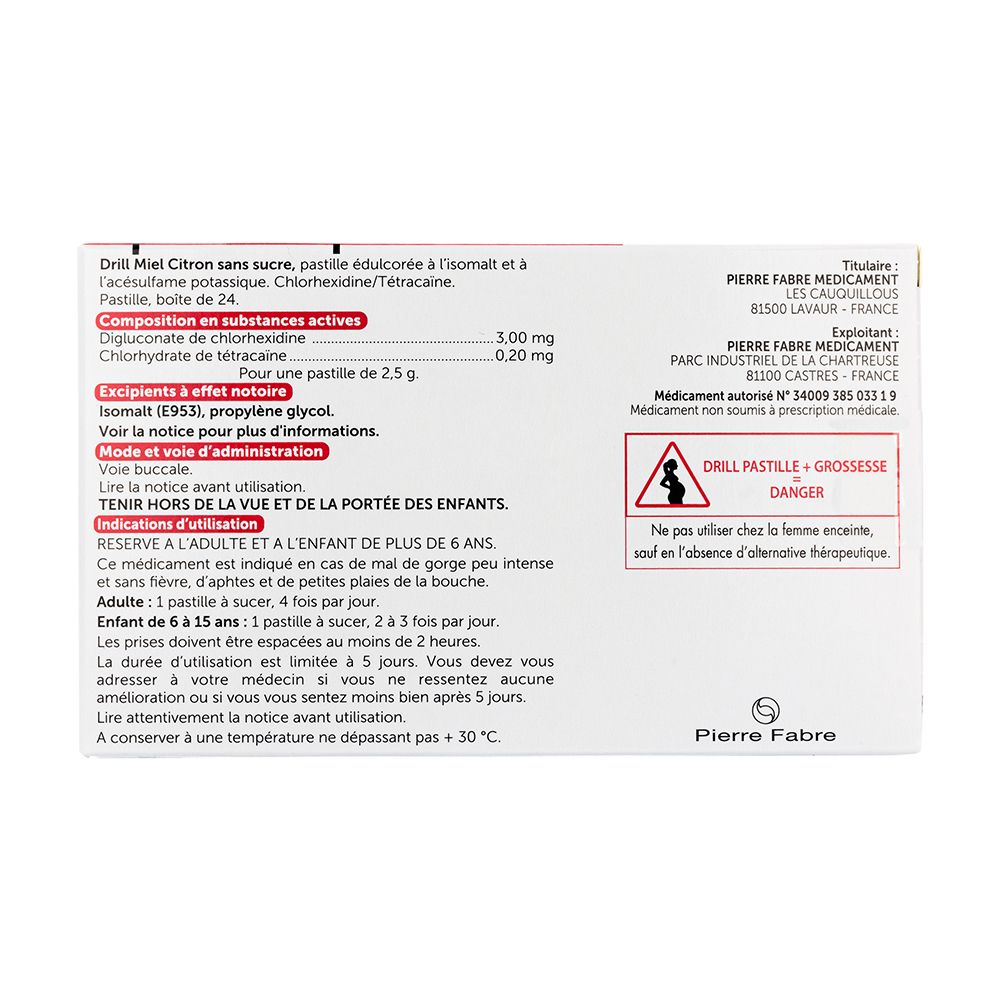 Dos de la boîte Drill. Texte : Composition, mode d'emploi, avertissements. Logo Pierre Fabre.