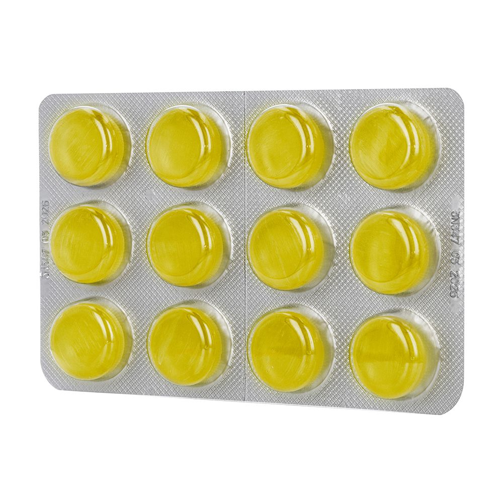 Plaquette de 12 pastilles jaunes. Pastilles rondes, enrobées dans une feuille d'argent.