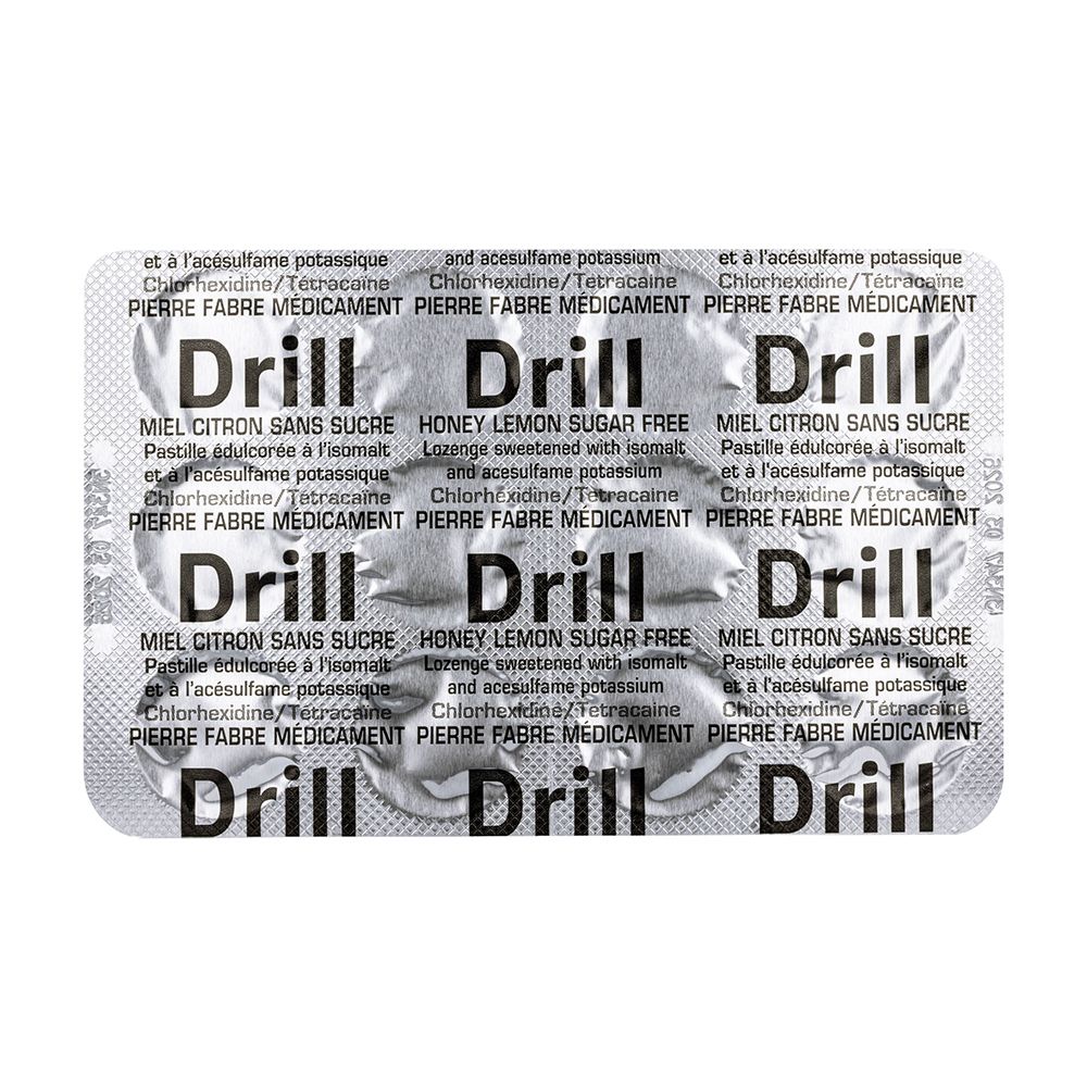 Plaquette de pastilles Drill. Texte : Drill, Miel Citron, Chlorhexidine, Tétracaïne.