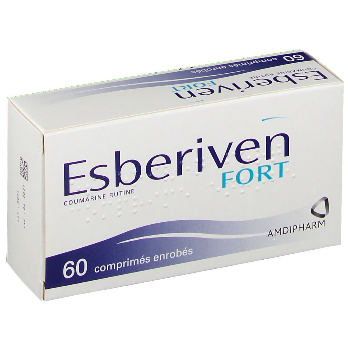Boîte blanche avec texte bleu. "Esberiven FORT" et "60 comprimés enrobés" sont visibles. Logo Amdipharm.