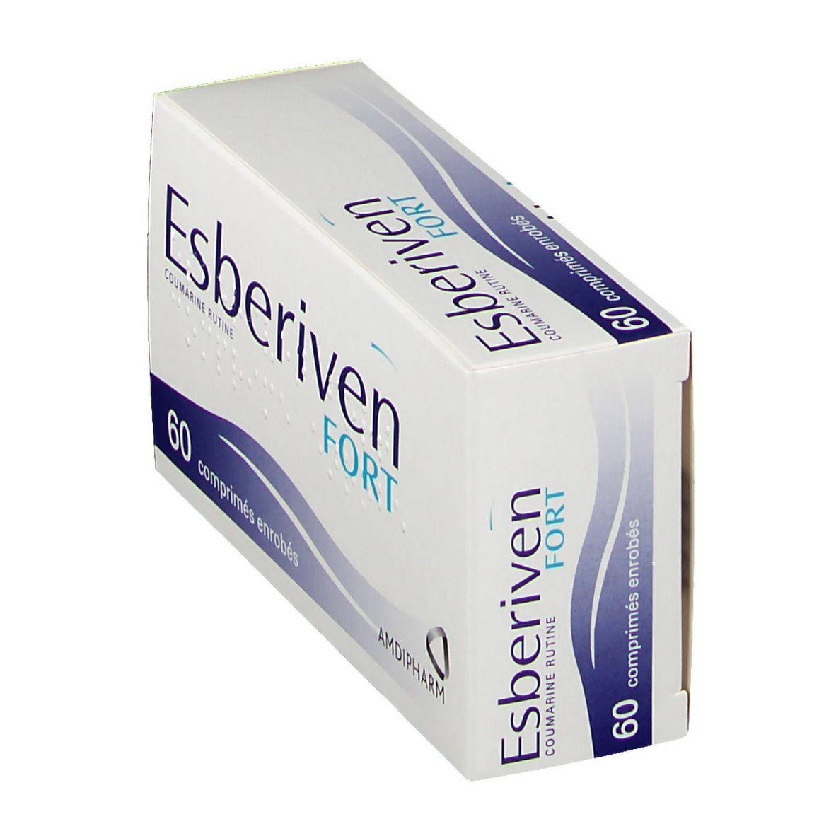Boîte avec "Esberiven FORT" et "60 comprimés enrobés". Couleurs bleu et blanc. Logo Amdipharm.