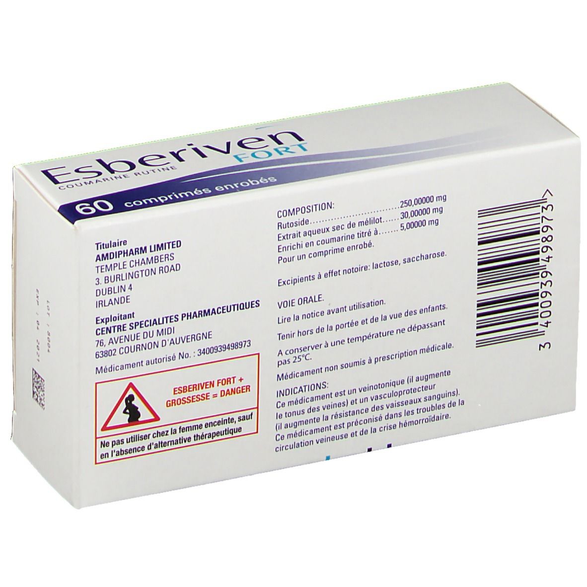 Dos de la boîte. Texte avec ingrédients, avertissements et code-barres. "Esberiven FORT" est visible.
