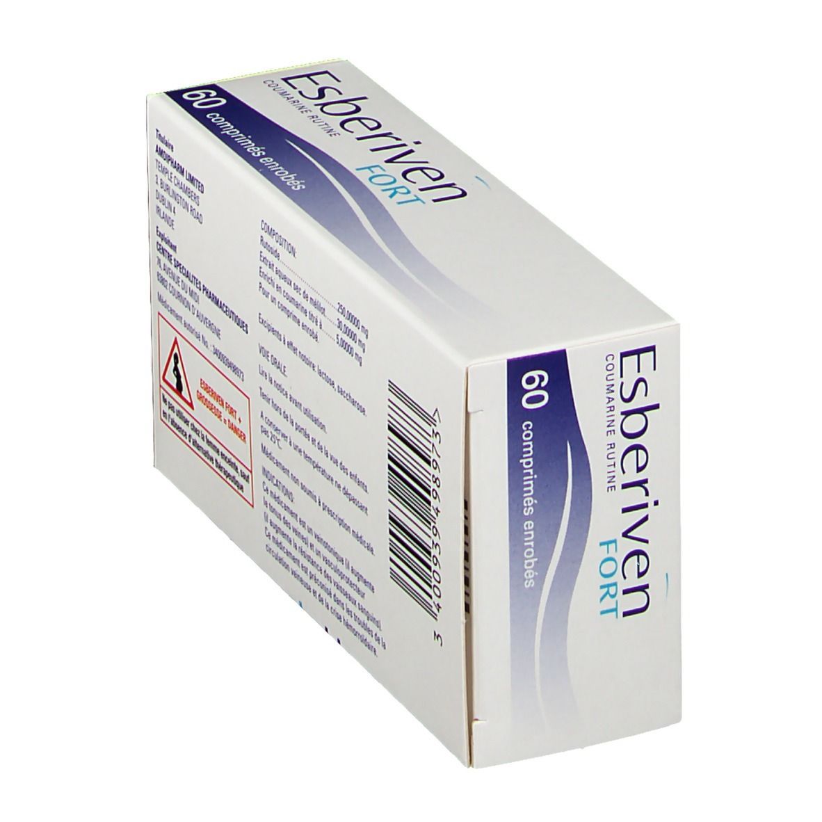 Boîte avec "Esberiven FORT" et "60 comprimés enrobés". Couleurs bleu et blanc. Arrière partiellement visible.