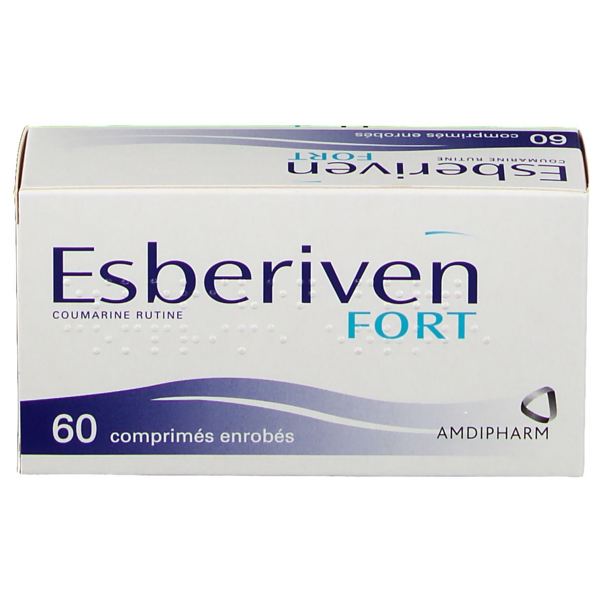 Boîte blanche avec texte bleu. "Esberiven FORT" et "60 comprimés enrobés" sont visibles. Logo Amdipharm.