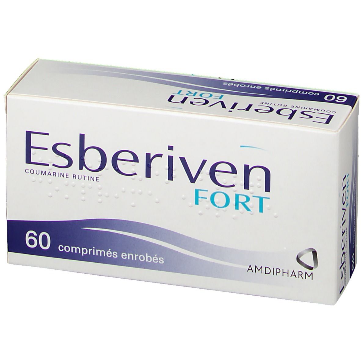 Boîte blanche avec texte bleu. "Esberiven FORT" et "60 comprimés enrobés" sont visibles. Logo Amdipharm.