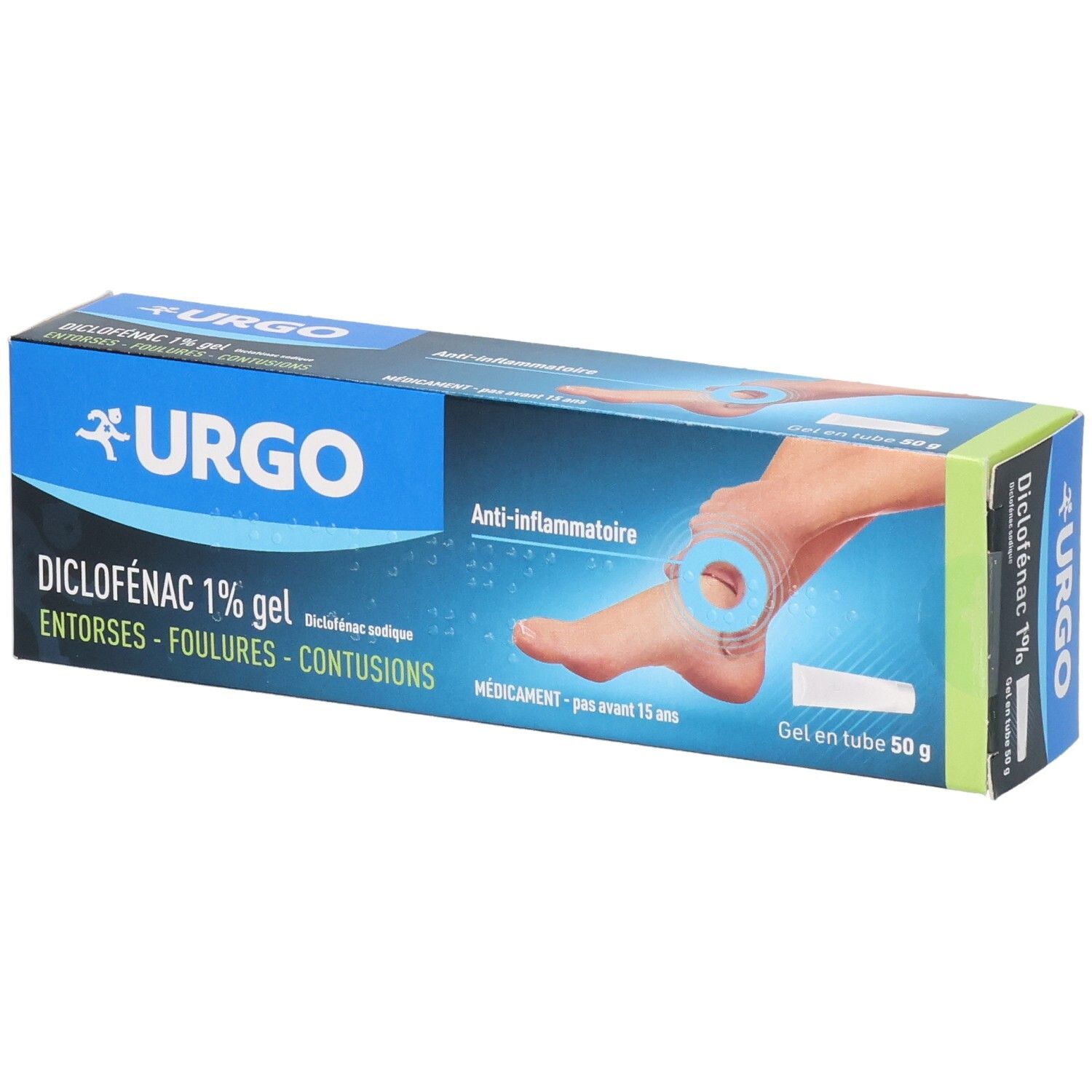 Boîte de gel Urgo Diclofenac 1%. Emballage bleu et blanc avec illustration de pied et informations produit.