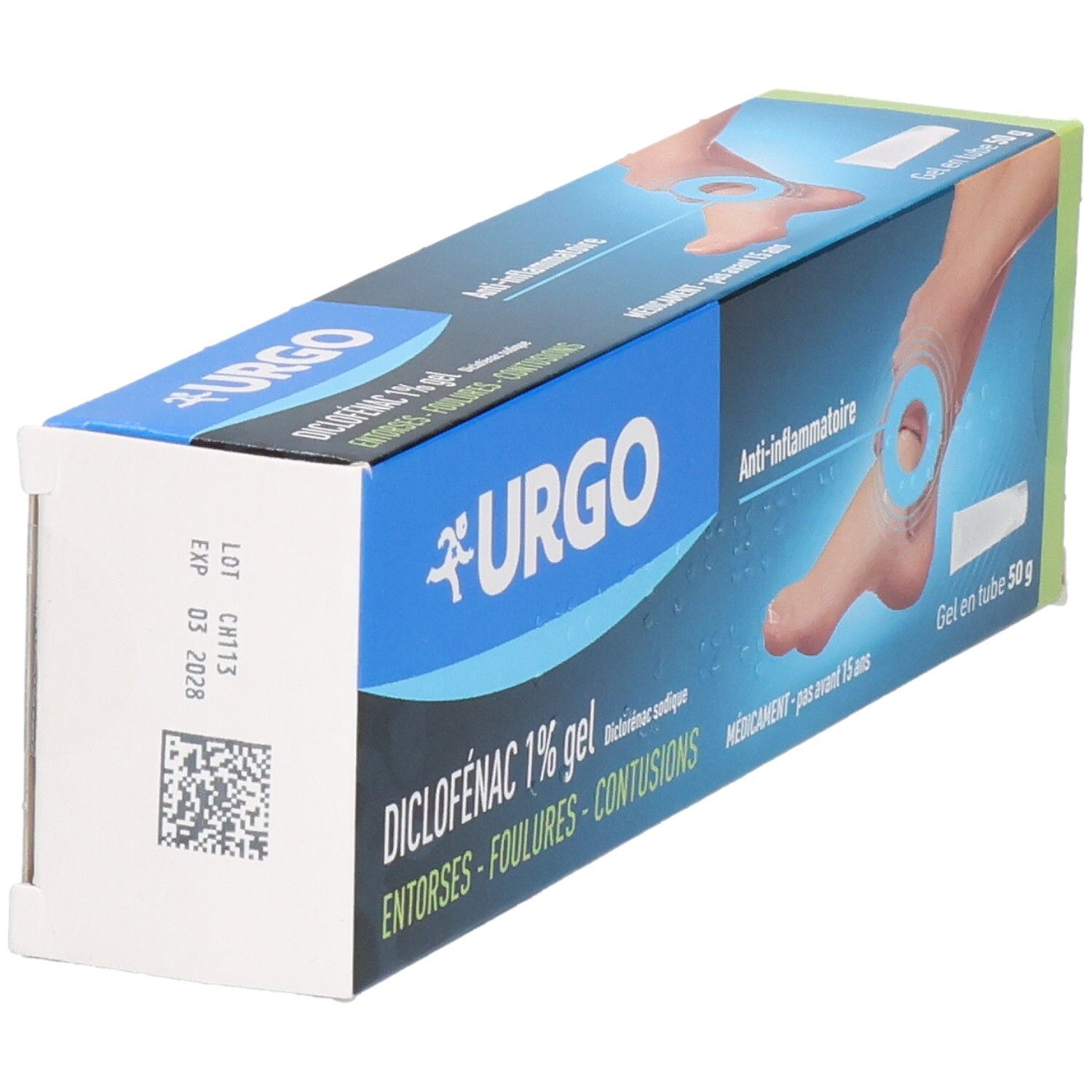 Vue latérale de la boîte de gel Urgo Diclofenac 1%. Côté blanc avec numéro de lot et code-barres.