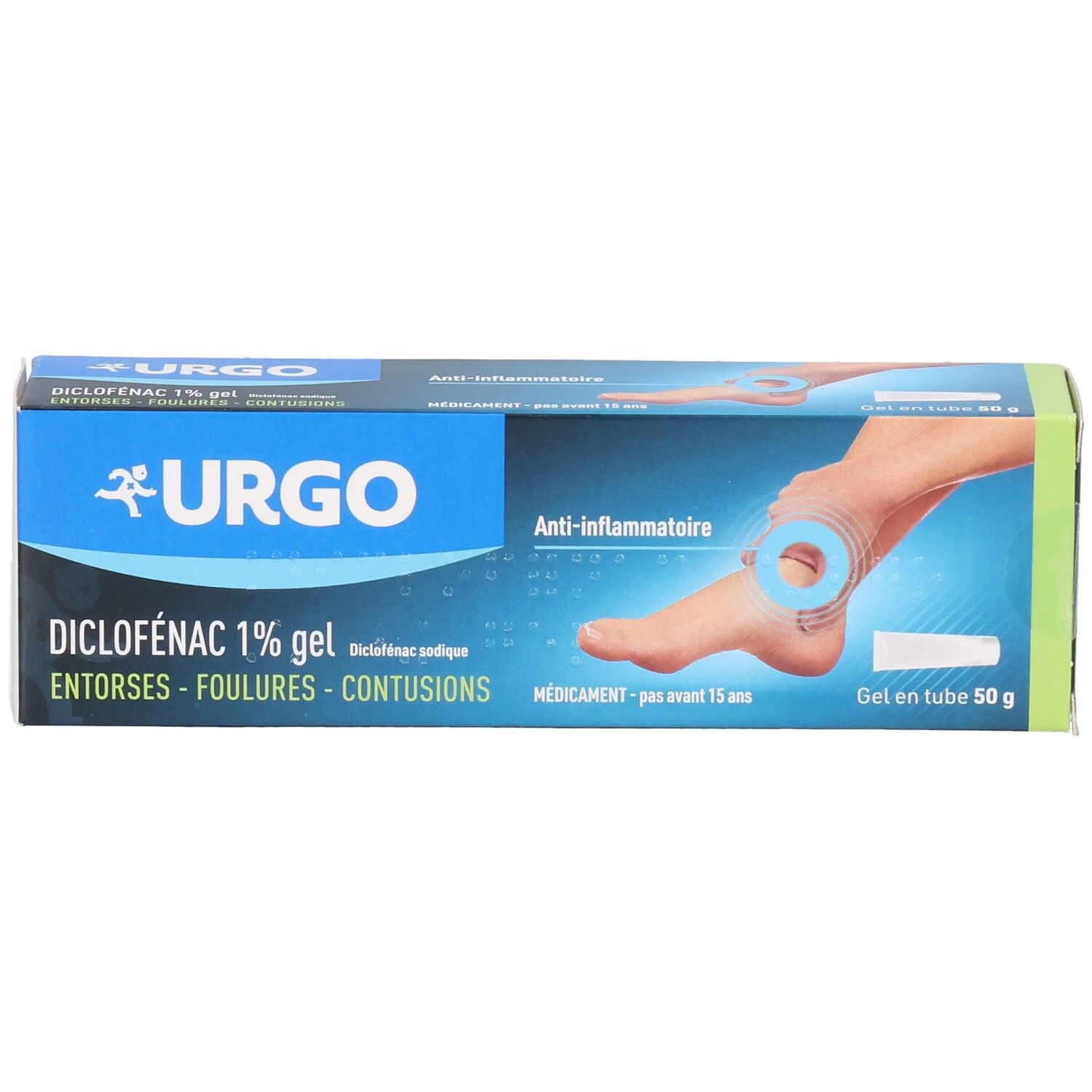 Boîte de gel Urgo Diclofenac 1%. Emballage bleu et blanc avec illustration de pied et informations produit.