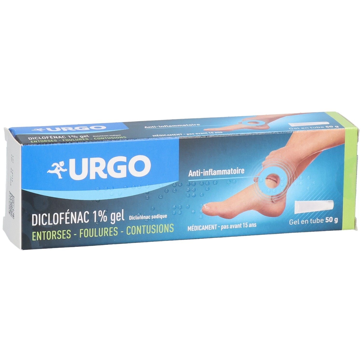Boîte de gel Urgo Diclofenac 1%. Emballage bleu et blanc avec illustration de pied et informations produit.
