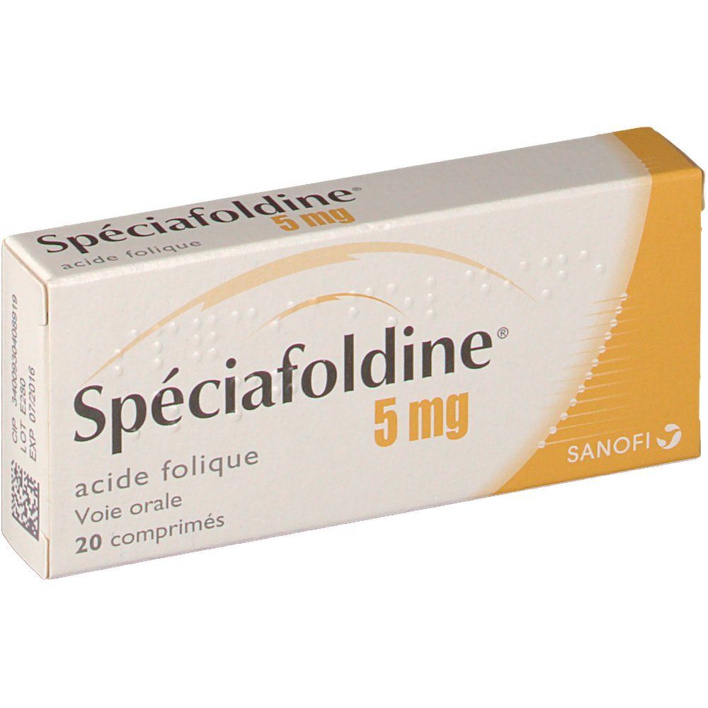 Boîte de Spéciafoldine 5 mg. Inscription: acide folique, Voie orale, 20 comprimés. Logo Sanofi.
