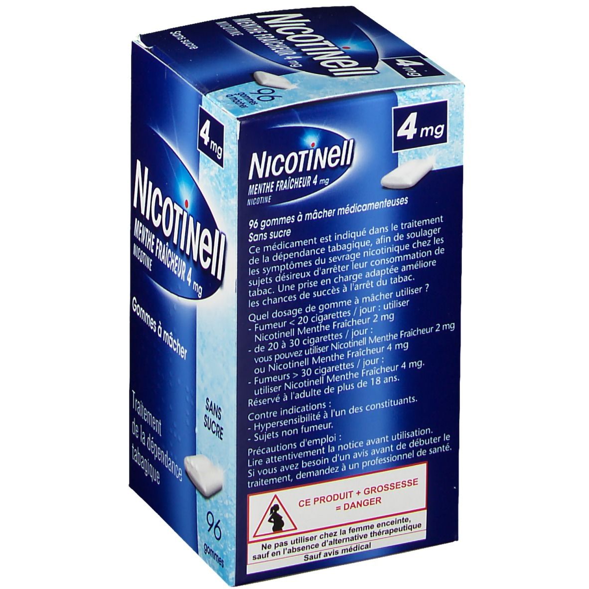 Boîte bleue et blanche Nicotinell Menthe fraicheur 4 mg. Texte en français. Contient 96 gommes. Inscription : Sans sucre (sans sucre).