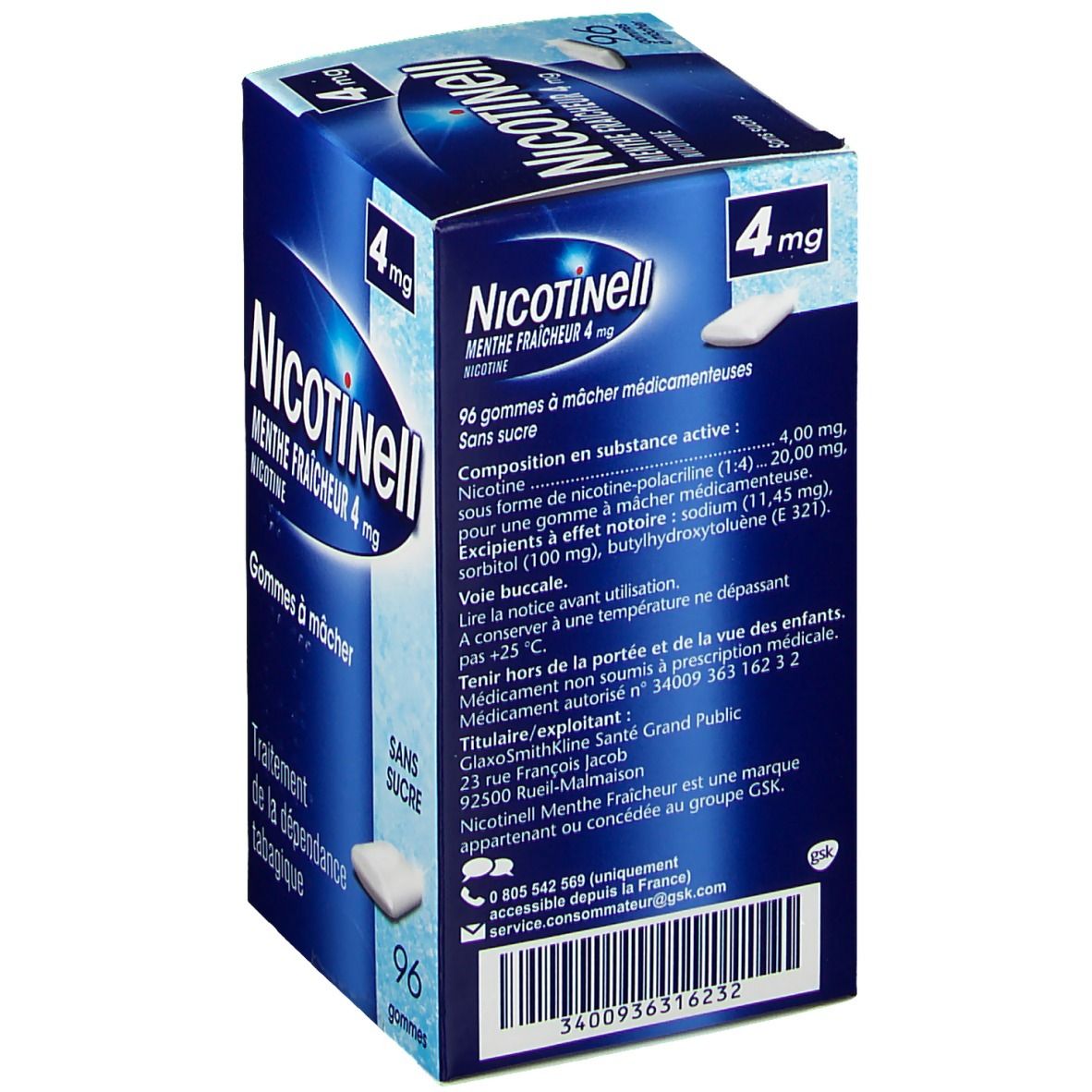 Boîte bleue et blanche Nicotinell Menthe fraicheur 4 mg. Texte en français. Contient 96 gommes. Inscription : Sans sucre (sans sucre).
