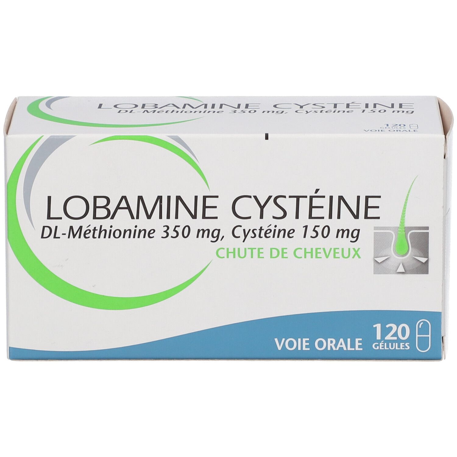 Boîte Lobamine Cystéine. Inscription: DL-Méthionine 350 mg, Cystéine 150 mg, 120 gélules. Illustration: chute de cheveux.