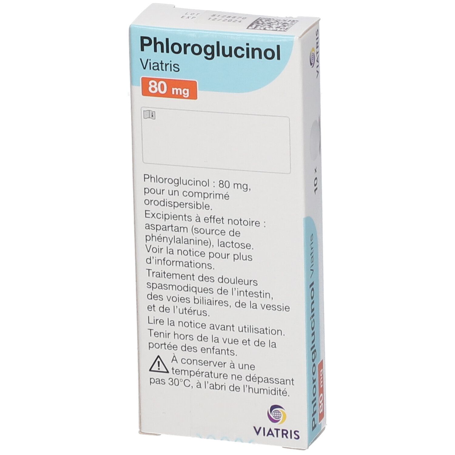 Boîte de Phloroglucinol Mylan 80 mg. Boîte bleue et blanche avec informations produit. 10 comprimés.