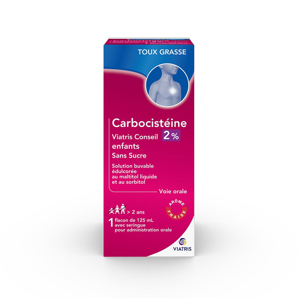 Boîte de Carbocistéine Viatris Conseil 2% enfants, sans sucre. Flacon de 125 ml avec seringue pour administration orale.
