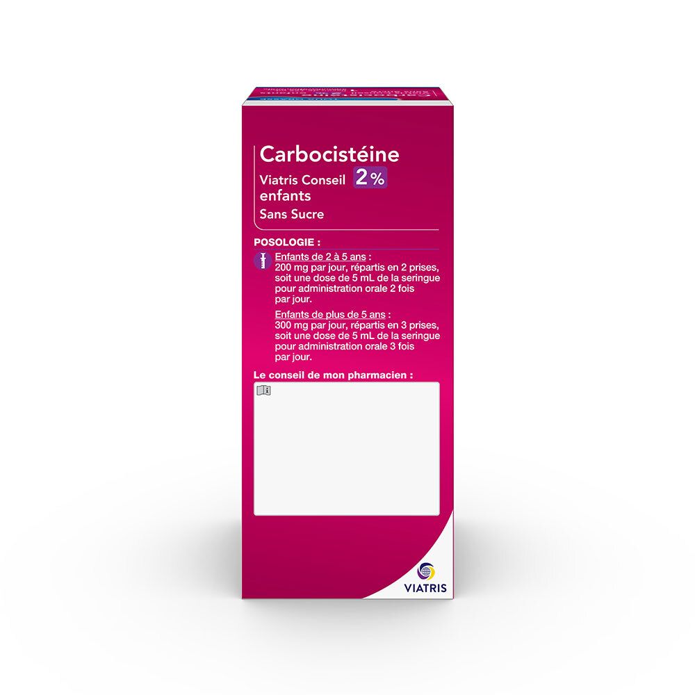 Dos de la boîte de Carbocistéine Viatris Conseil 2% enfants. Posologie pour enfants de 2 à 5 ans et plus de 5 ans.
