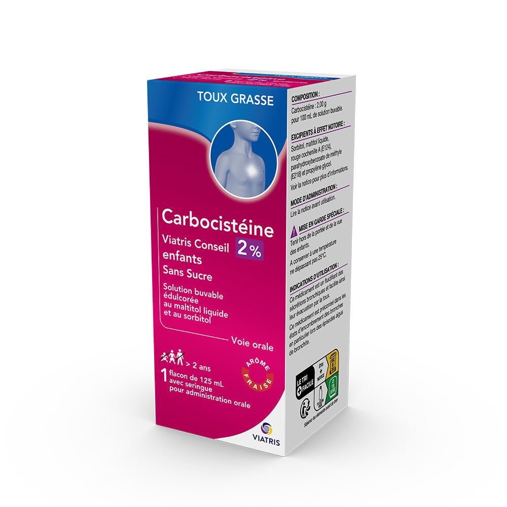 Boîte de Carbocistéine Viatris Conseil 2% enfants. Contient des informations sur les ingrédients, l'utilisation et les précautions.
