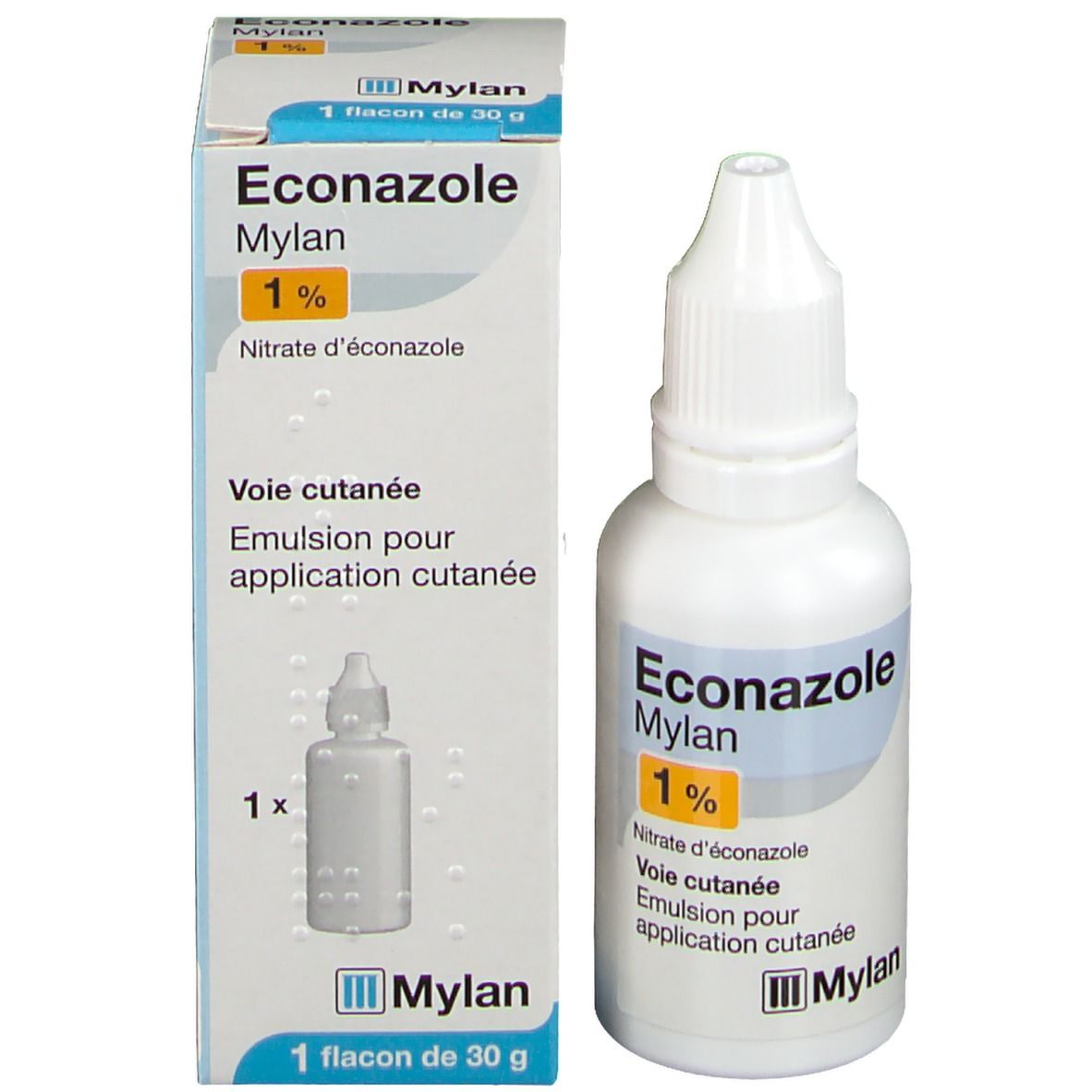 Boîte et flacon Mylan Econazole 1 %. Flacon avec compte-gouttes. Texte: Nitrate d'éconazole, Voie cutanée, Emulsion pour application cutanée.