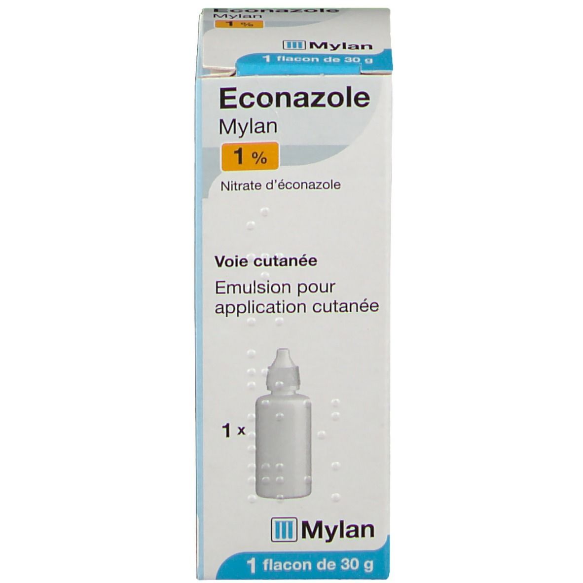Boîte et flacon Mylan Econazole 1 %. Flacon avec compte-gouttes. Texte: Nitrate d'éconazole, Voie cutanée, Emulsion pour application cutanée.