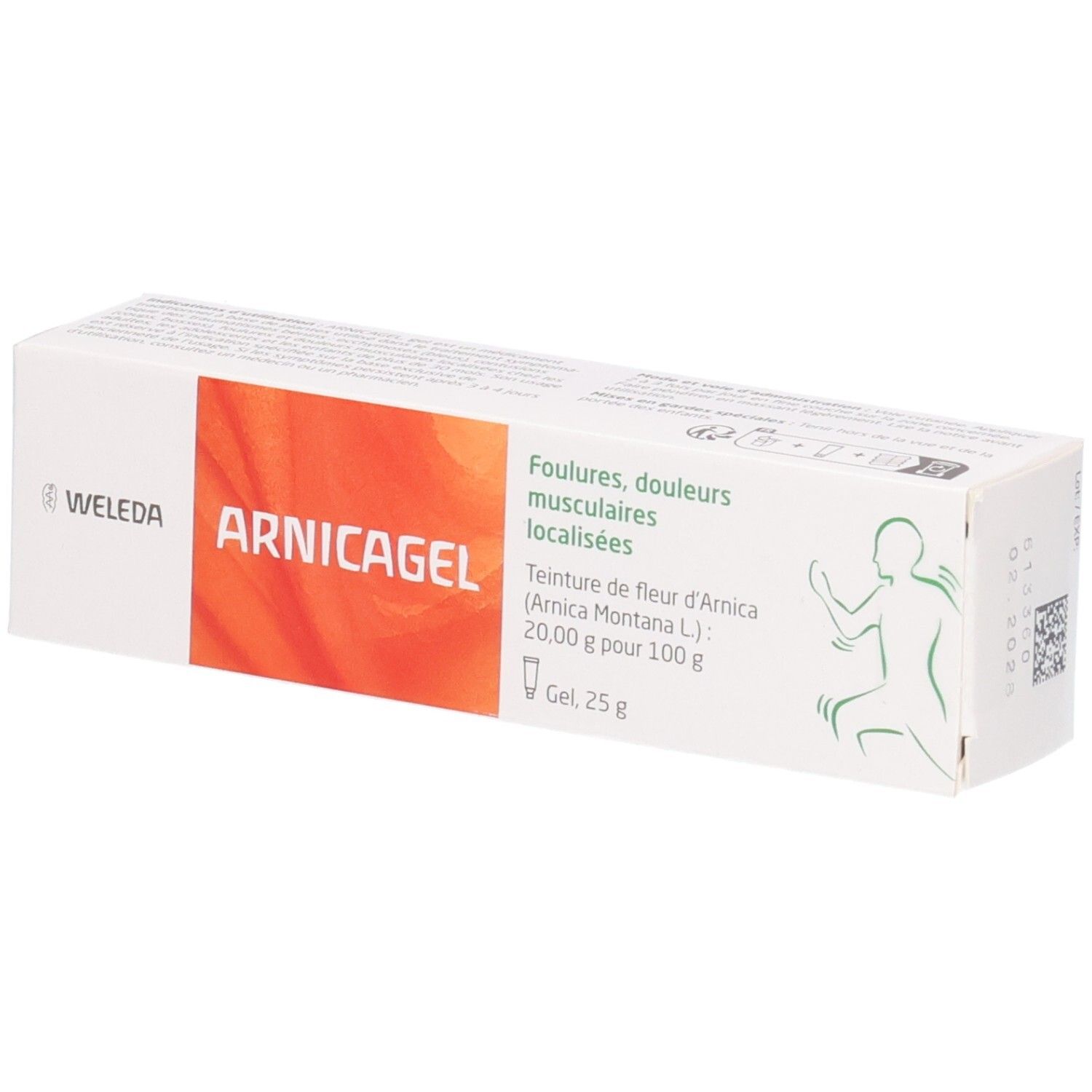 Boîte de Arnicagel® Weleda. Carton blanc avec zone orange et nom du produit. Texte en allemand et français.