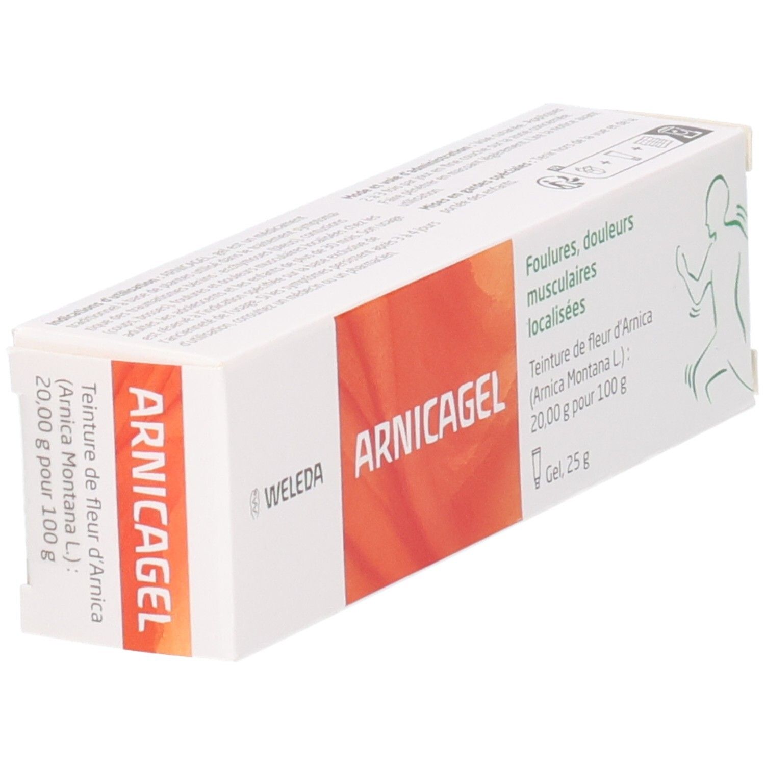 Emballage Arnicagel®, en biais. Carton blanc avec zone orange et nom du produit. Texte en allemand et français.