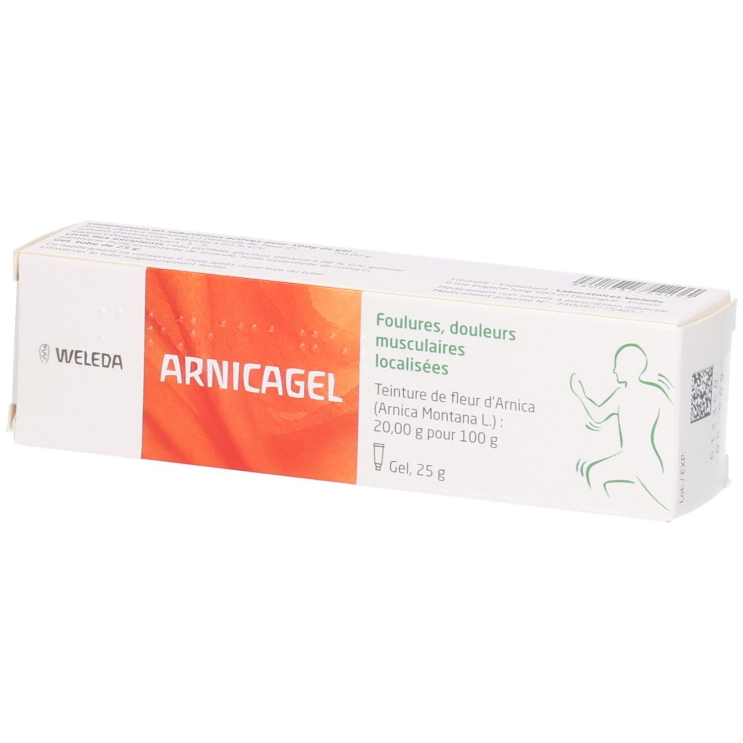 Boîte de Arnicagel®. Carton blanc avec zone orange et nom du produit. Texte en allemand et français.