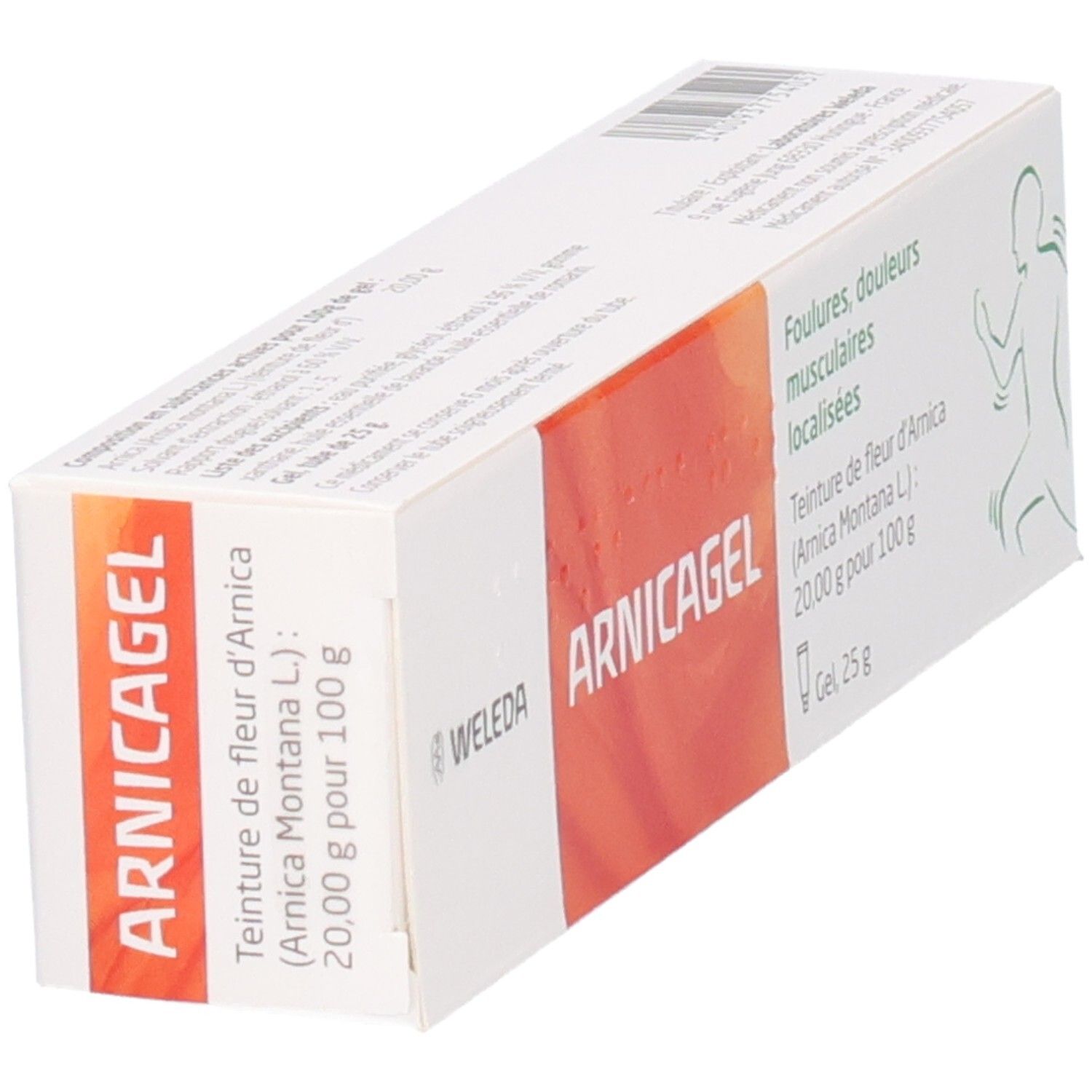 Emballage Arnicagel®, en biais. Carton blanc avec zone orange et nom du produit. Texte en allemand et français.