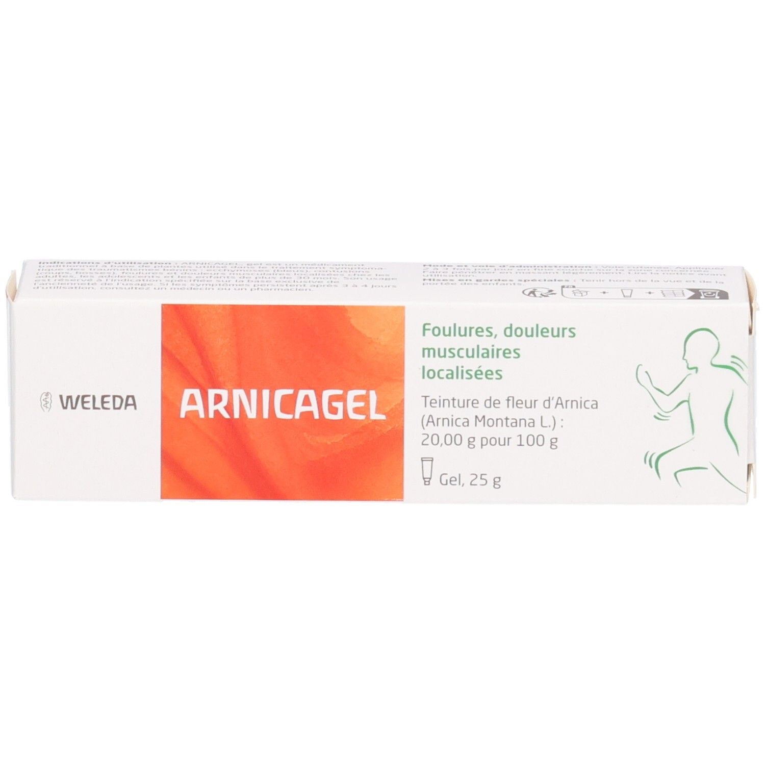 Boîte de Arnicagel®. Carton blanc avec zone orange et nom du produit. Texte en allemand et français.