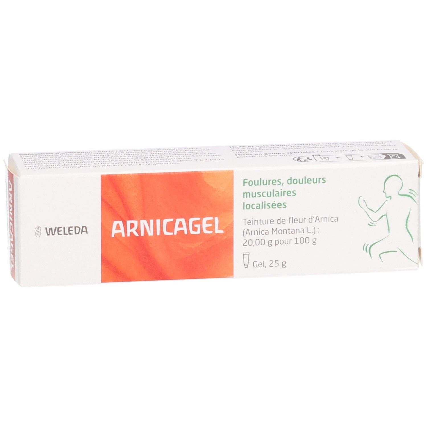 Boîte de Arnicagel®. Carton blanc avec zone orange et nom du produit. Texte en allemand et français.