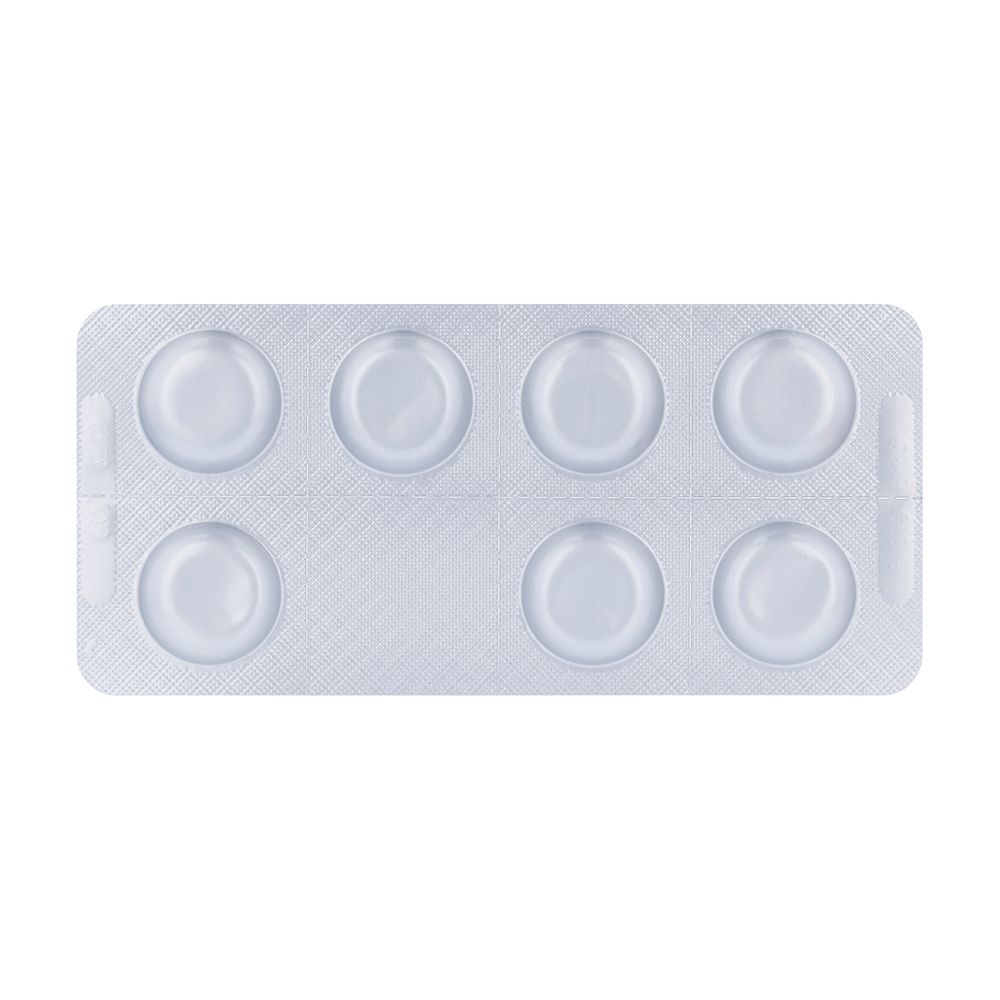 Plaquette de 8 comprimés. Comprimés ronds blancs dans alvéoles transparentes. Fond argenté.