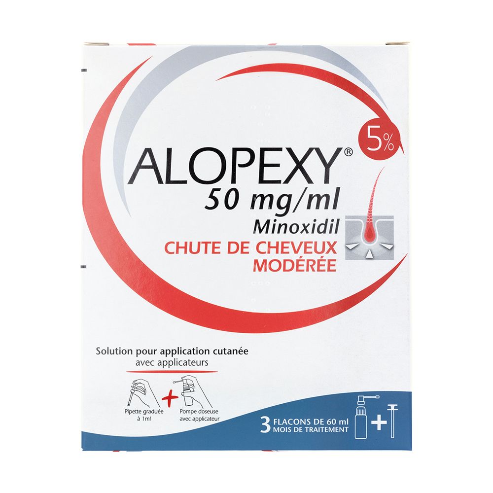 Boîte Alopexy 5 %. Contient 3 flacons de 60 ml. Texte : 50 mg/ml Minoxidil, chute de cheveux modérée.
