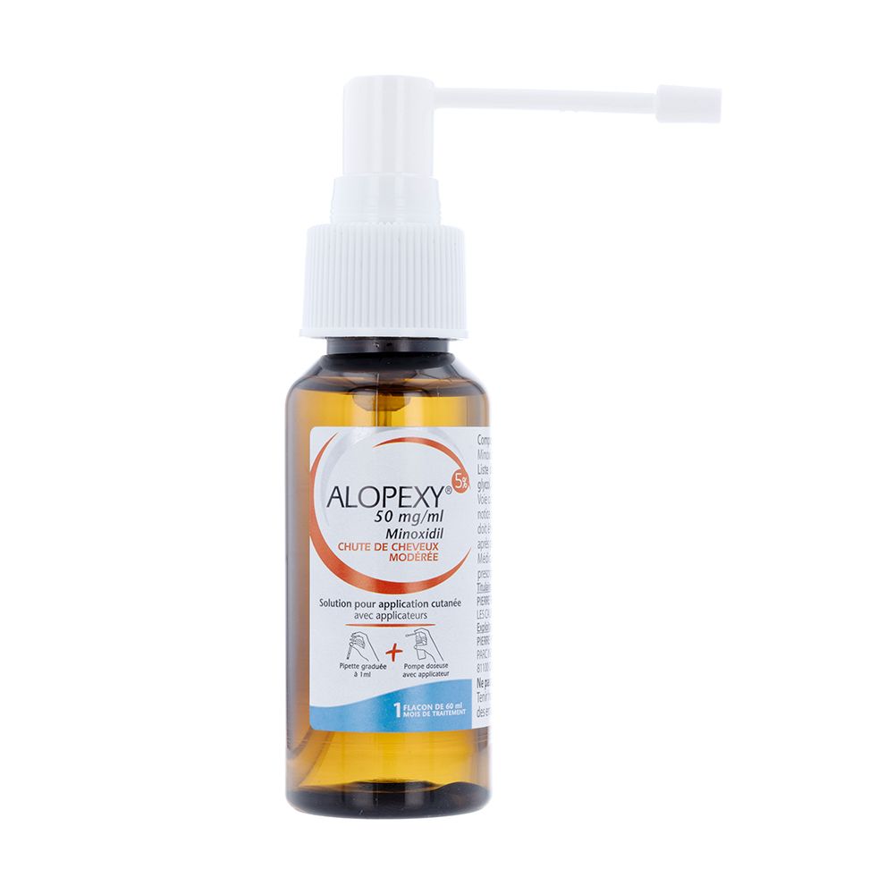 Flacon Alopexy 5 % avec applicateur spray. Texte : 50 mg/ml Minoxidil, chute de cheveux modérée.