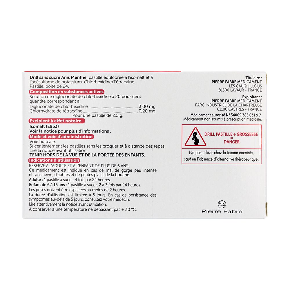 Dos de la boîte Drill. Texte : Composition, mode d'emploi, avertissements. Pierre Fabre Médicament.
